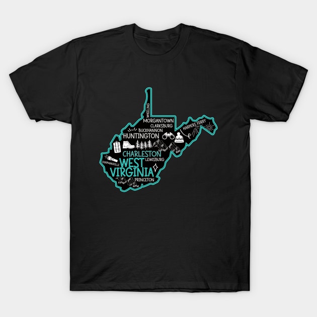 Cute map of West Virginia Charleston Lewisburg Huntington Morgantown Buckhannon T-Shirt by BoogieCreates